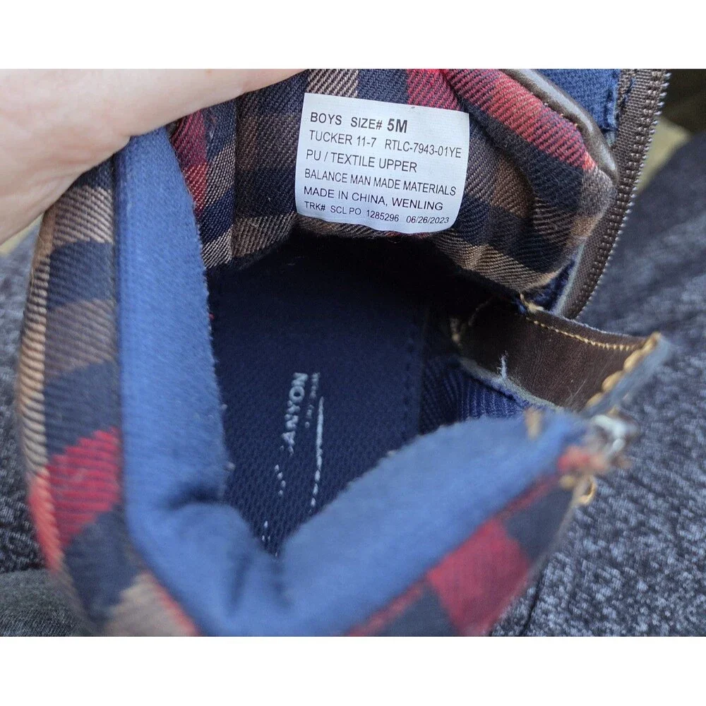 Canyon River Blues Tucker Boys Combat Boots Brown Plaid Zipper Size 5M Scuffed